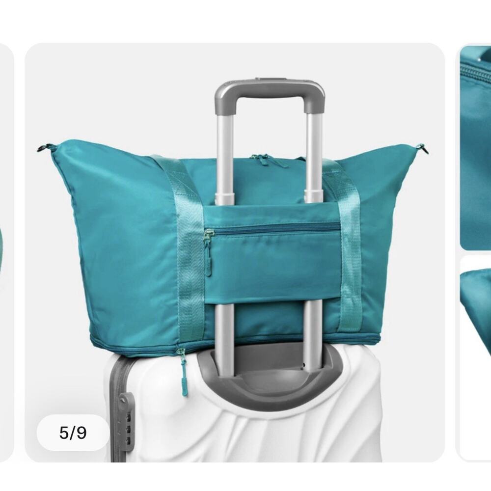 The Foldie Travel Bag 40L Teal Pockets Foldable Trolley Sleeve Carry On Expandab - Picture 4 of 15